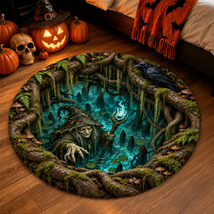 Halloween Swamp Witch Round Rug Haunted Forest Raven Doormat