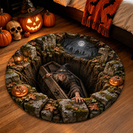 Halloween Witch Coffin Graveyard Round Rug Spooky Pumpkin Doormat