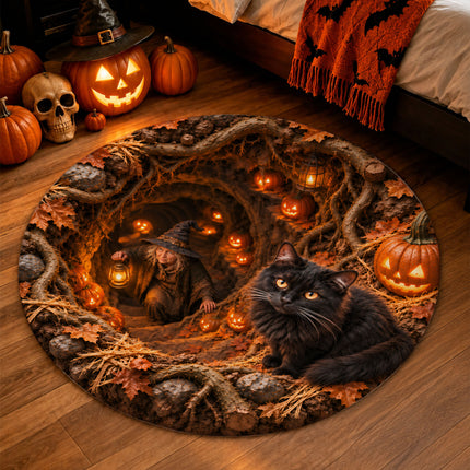 Halloween Black Cat Witch Cave Round Rug Pumpkin Doormat