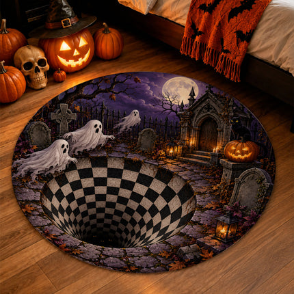 Halloween Round Rug Ghost Graveyard Moon 3D Illusion Doormat