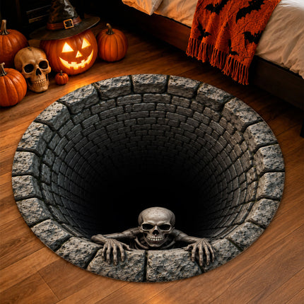 Halloween Round Rug Skeleton Stone Well 3D Illusion Doormat