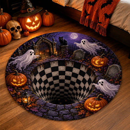 Halloween Round Rug Ghost Pumpkin Graveyard Illusion Doormat