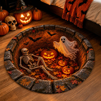 Halloween Round Rug Skeleton Ghost Pumpkin 3D Illusion Doormat