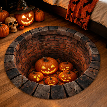 Halloween Round Rug Pumpkin Well 3D Illusion Doormat