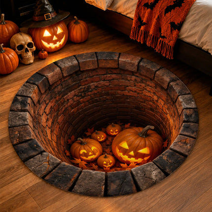 Halloween Round Rug Jack O Lantern Brick Well 3D Illusion Doormat