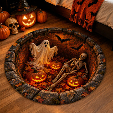 Halloween Round Rug Skeleton Ghost Pumpkin 3D Well Doormat