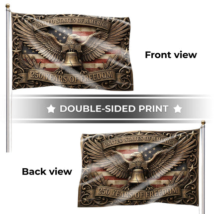 United States of America 250 Years of Freedom Ornate Bronze Eagle Liberty Bell House Flag