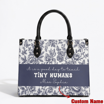 Personalized Teacher Leather Handbag Blue Floral Tiny Humans