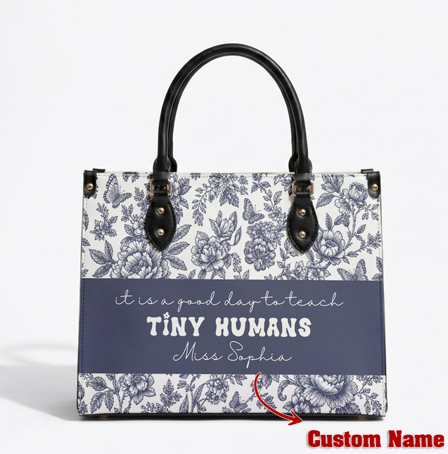 Personalized Teacher Leather Handbag Blue Floral Tiny Humans