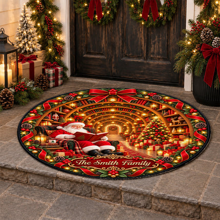 Personalized Christmas Doormat Santa Reading Family Name Round Rug