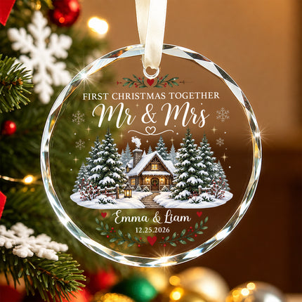 Personalized First Christmas Together Snowy Cabin Couple Glass Ornament