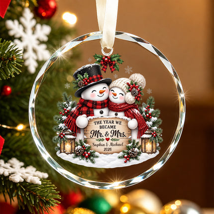 Personalized Newlywed Snowman First Christmas Glass Ornament