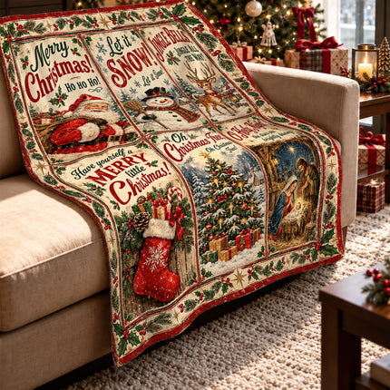 Christmas Nativity Fleece Blanket Vintage Santa Snowman Holiday Scenes