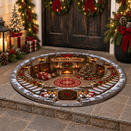 Personalized Christmas Round Doormat Cozy Fireplace Snowman Family Name Rug