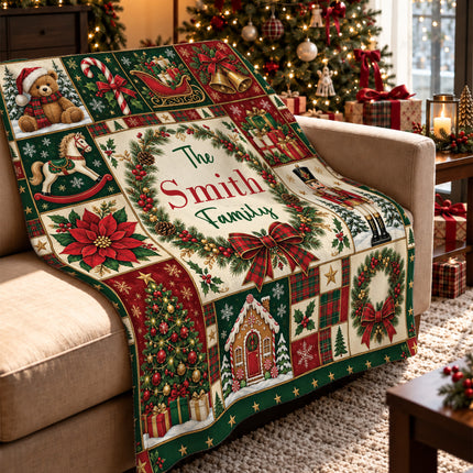 Personalized Family Christmas Fleece Blanket Custom Last Name Holiday Patchwork