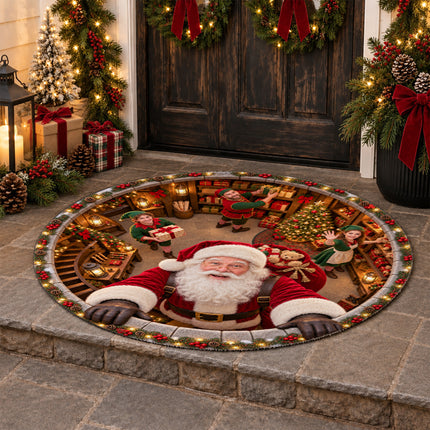 Santa's Workshop Christmas Round Rug North Pole Elves Doormat