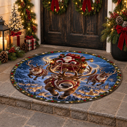 Santa Reindeer Christmas Round Rug Flying Sleigh Holiday Doormat
