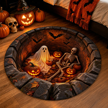 Halloween Round Rug Ghost Skeleton Pumpkin Pit Doormat
