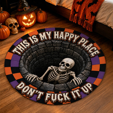 Halloween Round Rug Skeleton Happy Place Funny Doormat