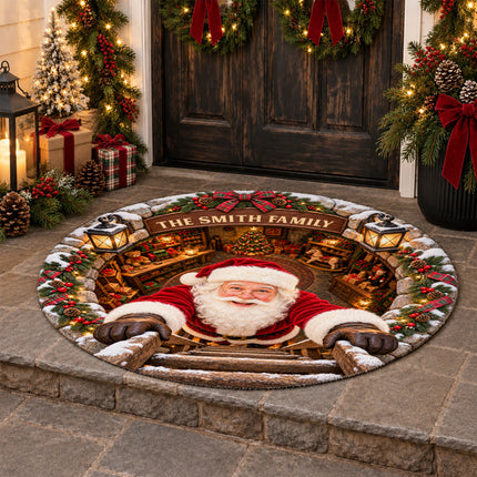 Personalized Santa Workshop Christmas Round Doormat Cozy Family Welcome Rug