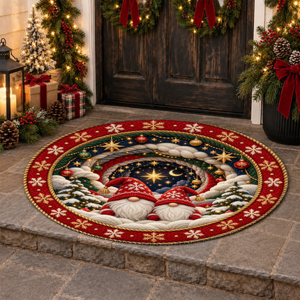 Christmas Round Doormat with Cozy Gnome Star Scene