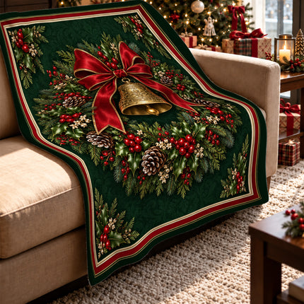 Christmas Fleece Blanket with Vintage Bell Wreath