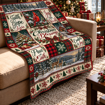 Christmas Blessings Fleece Blanket Faith Hope Love Holiday Patchwork