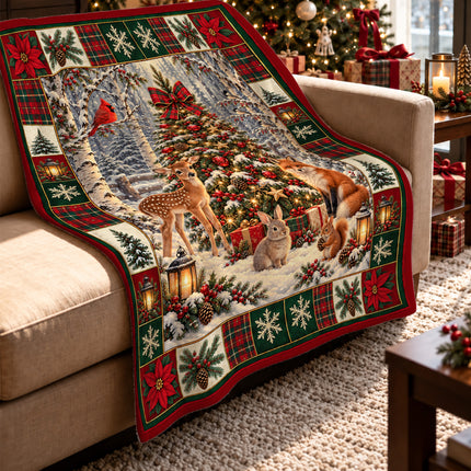 Woodland Christmas Fleece Blanket Forest Animals Deer Fox Rabbit Snowy Tree Holiday Throw