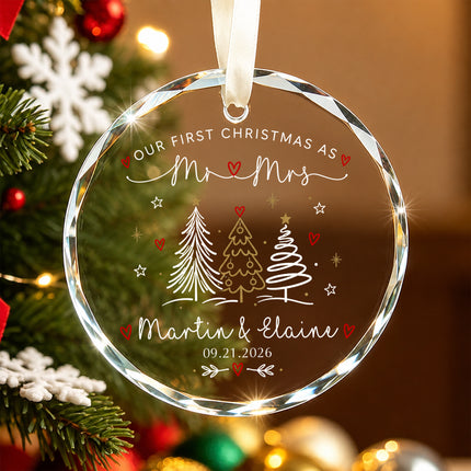 Personalized First Christmas Together Line Art Christmas Trees Couple Glass Ornament