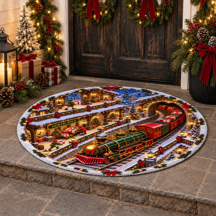 North Pole Christmas Train Round Rug Holiday Gift Express Doormat