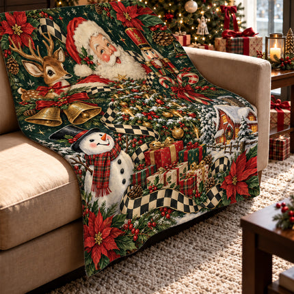 Vintage Santa Christmas Fleece Blanket Nutcracker Reindeer Snowman