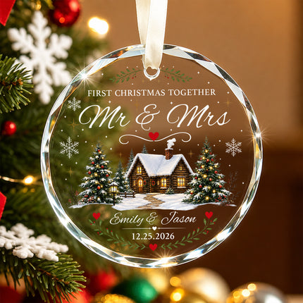 Personalized First Christmas Together Snowy Cabin Couple Glass Ornament