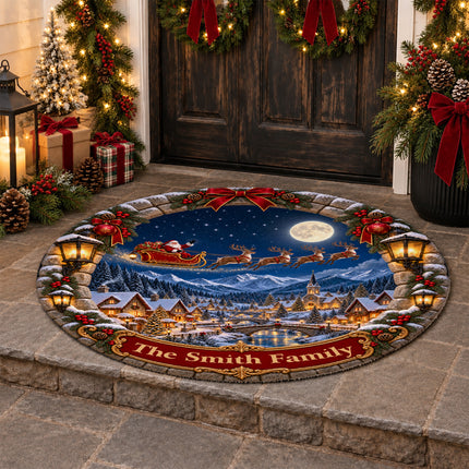 Personalized Santa Sleigh Christmas Round Doormat Snowy Village Family Name Rug