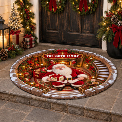 Personalized Santa Christmas Round Doormat Cozy Fireplace Family Name Rug