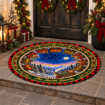 Personalized Christmas Train Doormat Family Name Round Rug