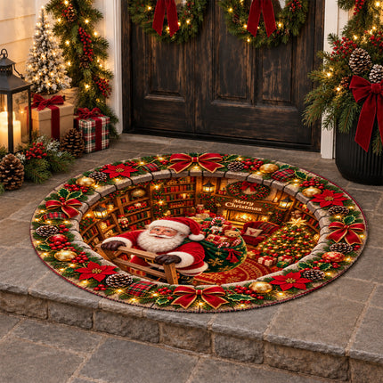 Christmas Round Doormat with Gnome Gift Swirl