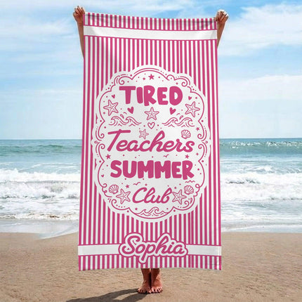 Personalized Tired Teachers Summer Club Striped Teacher Beach Towel