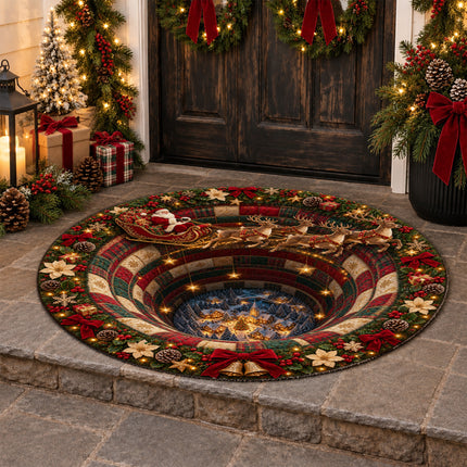 Christmas Round Doormat with Santa Reindeer Village