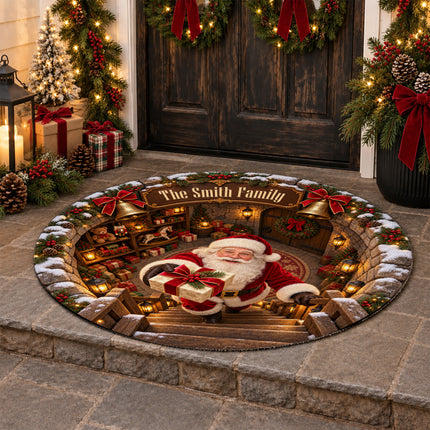 Personalized Santa Gift Delivery Christmas Round Doormat Cozy Family Name Rug