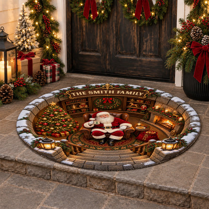Personalized Santa Christmas Round Doormat Cozy Fireplace Family Name Rug