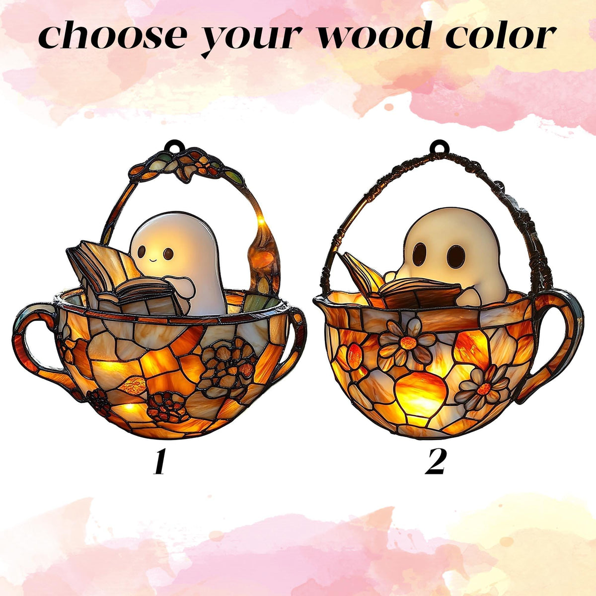 Reading Ghost in Teacup Faux Stained Glass Suncatcher, Acrylic Halloween Window Hanging for Spooky Bathrooms and Book Lovers, Reader Gift