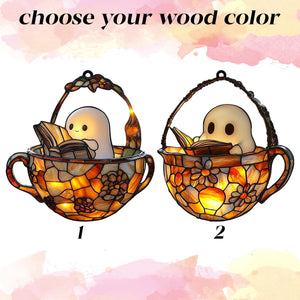 Reading Ghost in Teacup Faux Stained Glass Suncatcher, Acrylic Halloween Window Hanging for Spooky Bathrooms and Book Lovers, Reader Gift