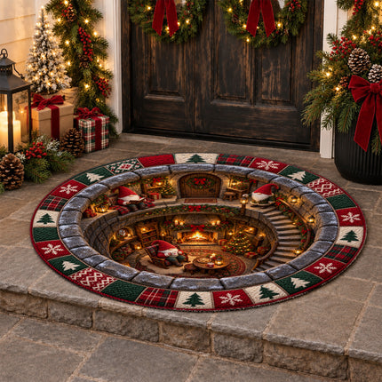 Christmas Round Doormat with Cozy Gnome Fireplace