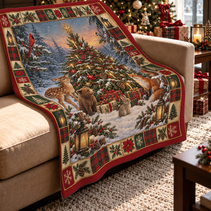 Woodland Animals Christmas Fleece Blanket Candlelit Winter Forest