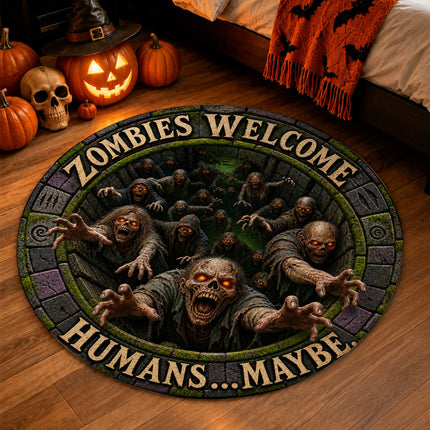 Halloween Round Rug Zombies Welcome Humans Maybe Doormat