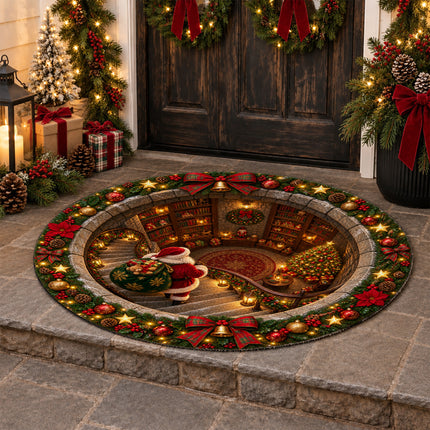 Christmas Round Doormat with Santa Library Scene
