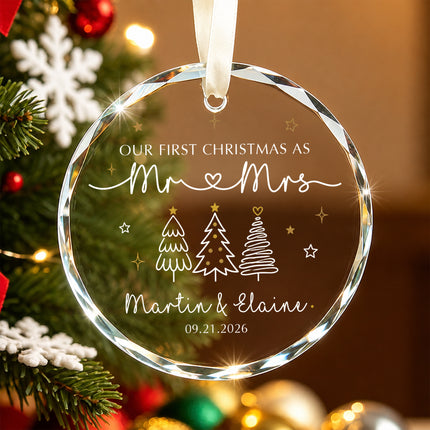 Personalized First Christmas as Mr and Mrs Glass Ornament