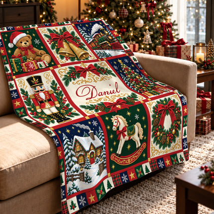 Personalized Christmas Fleece Blanket Nutcracker Holiday Patchwork