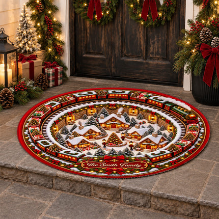 Personalized Christmas Doormat Train Village Family Name Round Rug