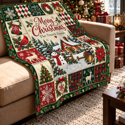 Personalized Family Christmas Fleece Blanket Snowman Winter Cottage
